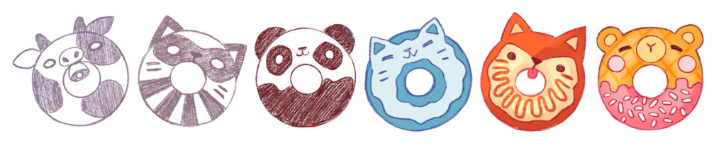 petits donuts en forme d'animaux : vache, raton laveur, panda, chat, renard, ours
