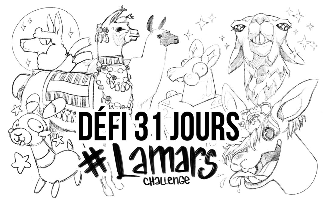 bannière lamars challenge, défi dessin de 31 jours pendant le mois de mars avec plein de lamas