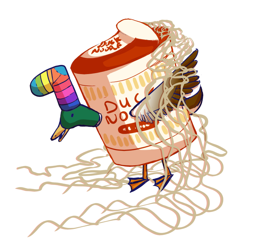 étrange créature mi-canard, mi-cup noodle avec un bonnet chaussette arc-en-ciel