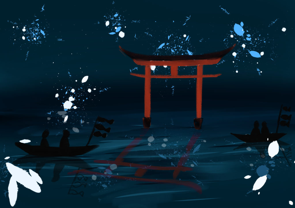 dessin d'un matsuri japonais sur l'eau avec des barques