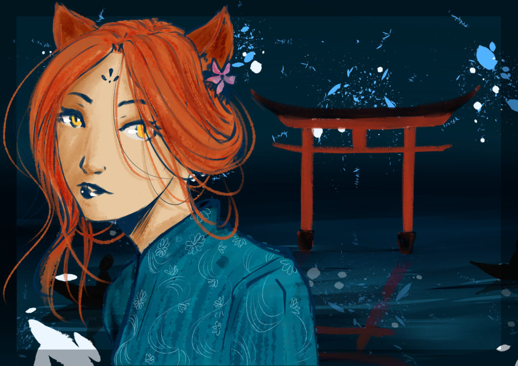dessin d'un matsuri japonais sur l'eau avec des barques et un personnage à oreilles de kitsune en kimono