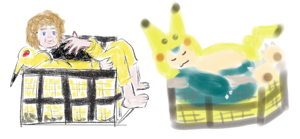 dessin d'un enfant et d'un ronflex portant des kigurumi pikachu jaune dans des bacs à linge