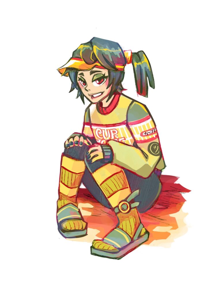 personnage féminin inspiré de 3 emoji canard chaussettes et ramen