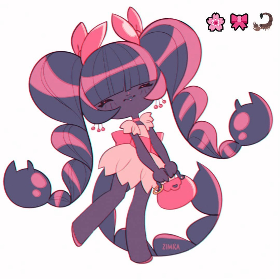 Une jolie petite fille au style dessin animé, à la peau mate, avec deux grandes queues de cheval qui ressemblent aux pinces d'un scorpion, une robe blanche et un sac à main rose. Sa queue de scorpion s'enroule derrière elle. Trois petites icônes apparaissent dans le coin supérieur droit.