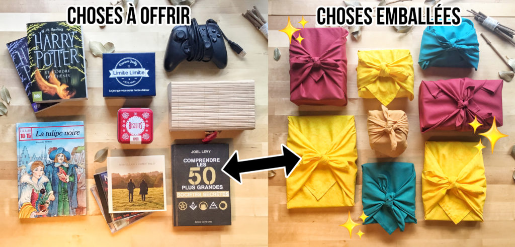 des cadeaux avant et après emballage avec un furoshiki