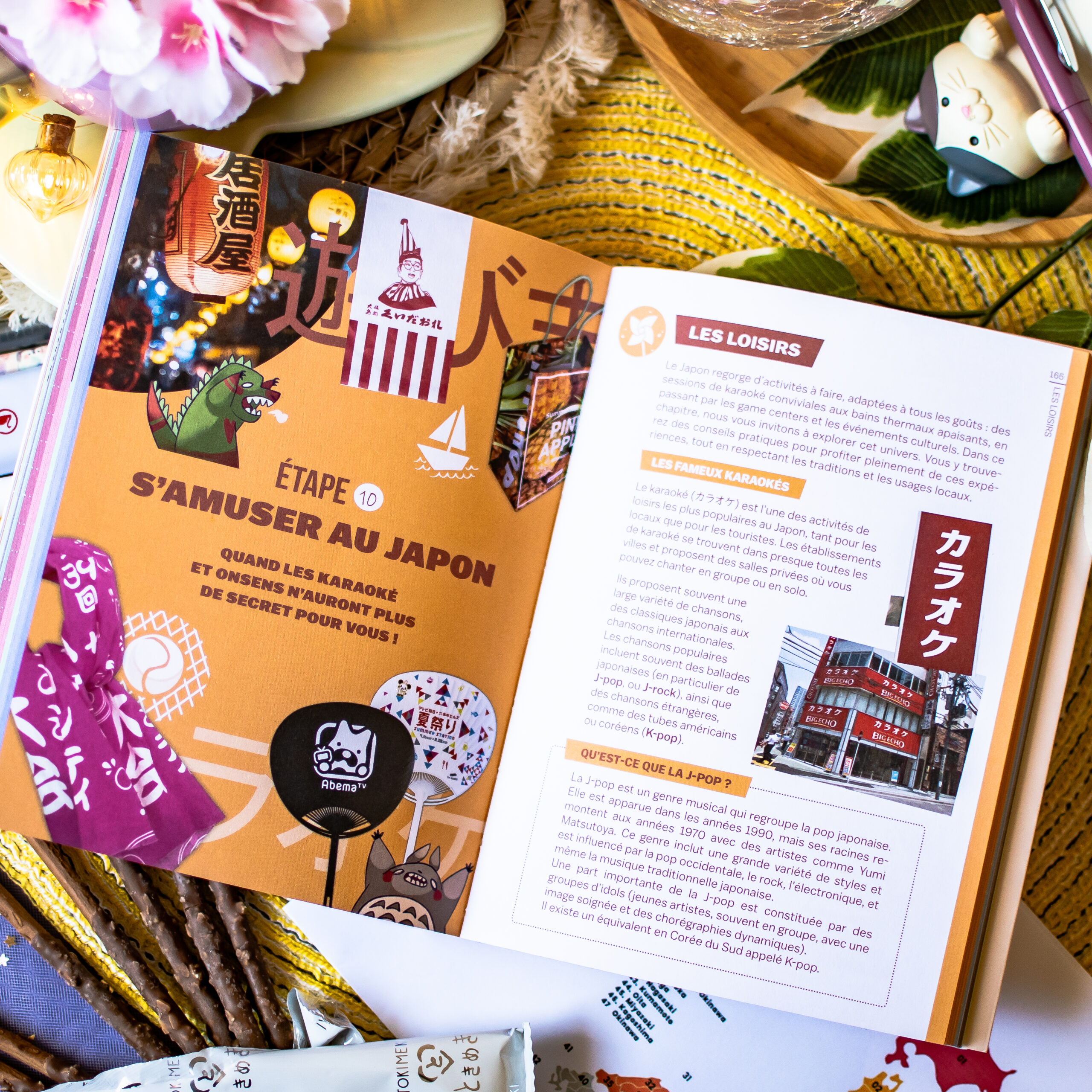 Un exemplaire du *Guide de survie pour voyageurs paumés au Japon* est ouvert, présentant des illustrations aux couleurs vives et un texte en français sur les loisirs au Japon — comme le karaoké —, avec des éléments décoratifs tels que des lanternes et des images de plats sur la page de gauche, et une photo d'un établissement de karaoké sur la page de droite.