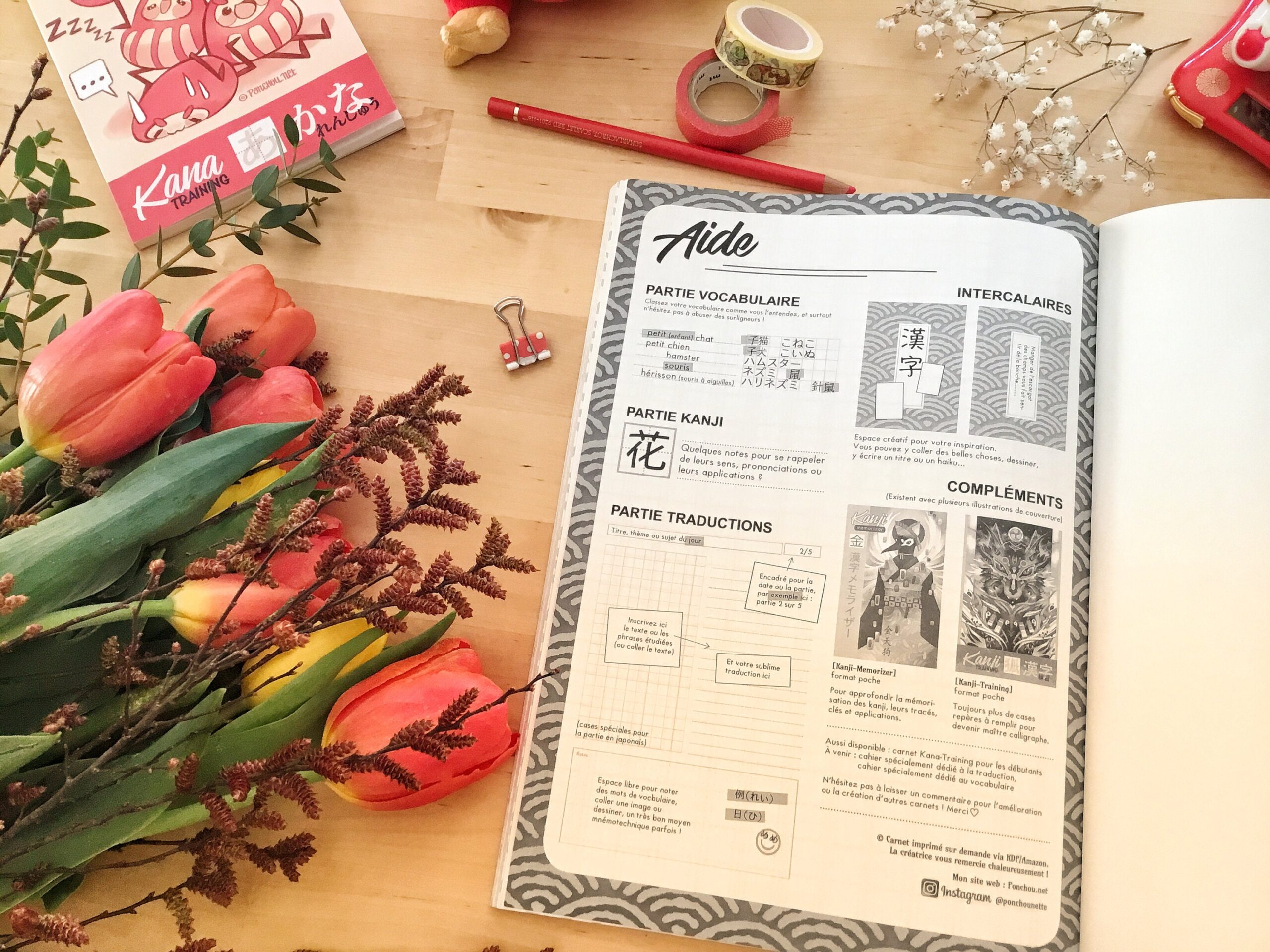 Pack Rouge et Or : Cahier de japonais A4 +2 carnets de poche +papeterie – Image 7