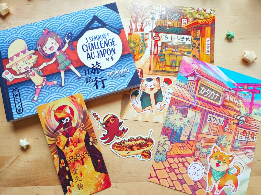 « Carnet de voyage : Défi de 3 semaines au Japon » propose des cartes postales aux couleurs vives sur le thème du Japon, des autocollants et un livret illustré de personnages de style anime, d'animaux, de plats et de scènes de rue animées agrémentées d'enseignes japonaises.