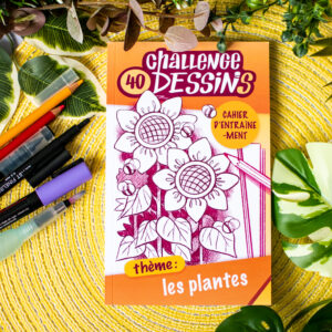 Un cahier de dessin haut en couleur de la collection « Challenge 40 dessins » sur le thème des plantes, présente sur sa couverture une illustration de tournesols avec de petites abeilles virevoltant. Le carnet est entouré de feutres, de stylos et de feuilles vertes, le tout sur un fond jaune solaire.