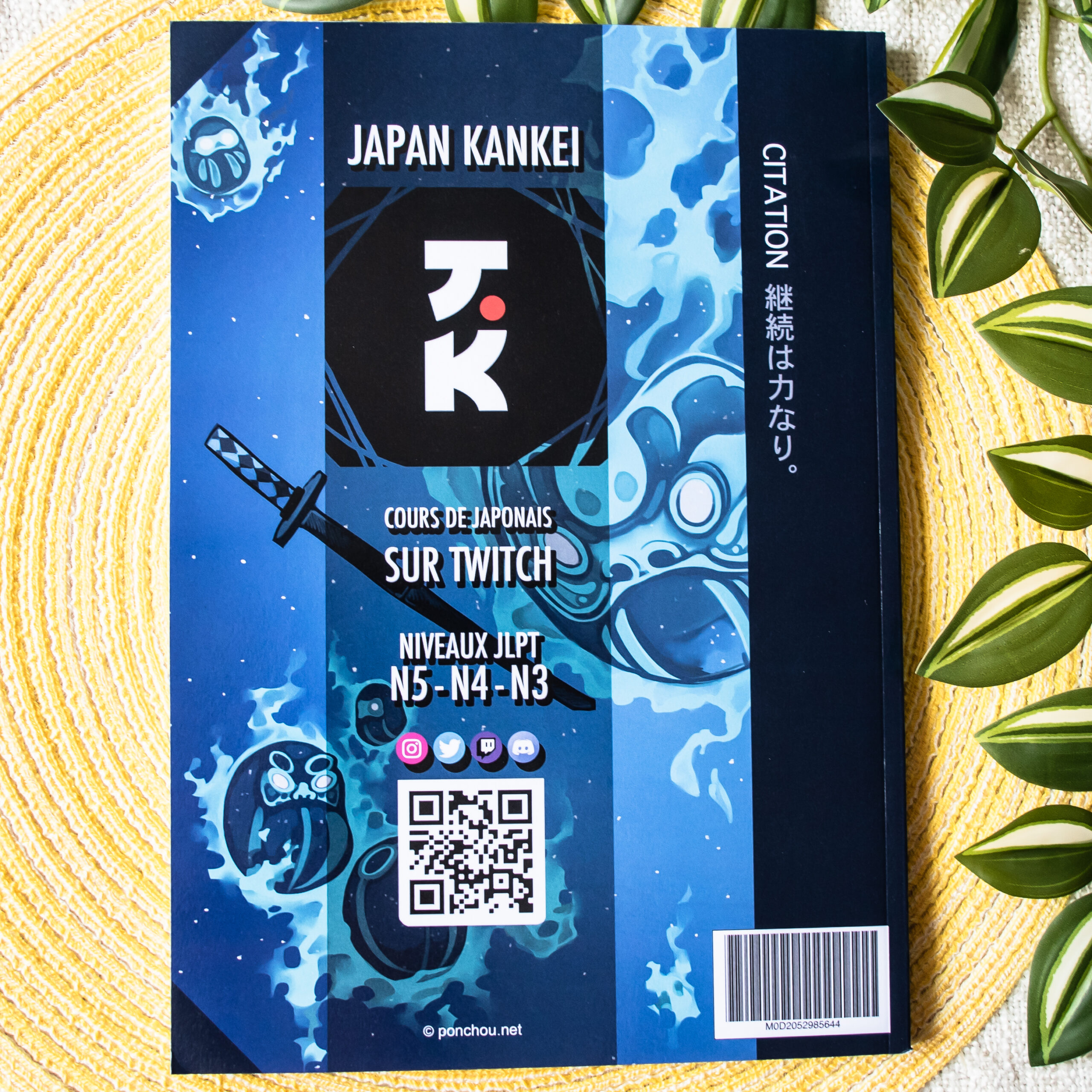 Un prospectus bleu de Japan Kankei représentant un katana, une manette de jeu, des planètes, un code QR et du texte en français et en japonais, posé sur une surface blanche avec des feuilles vertes sur les bords.